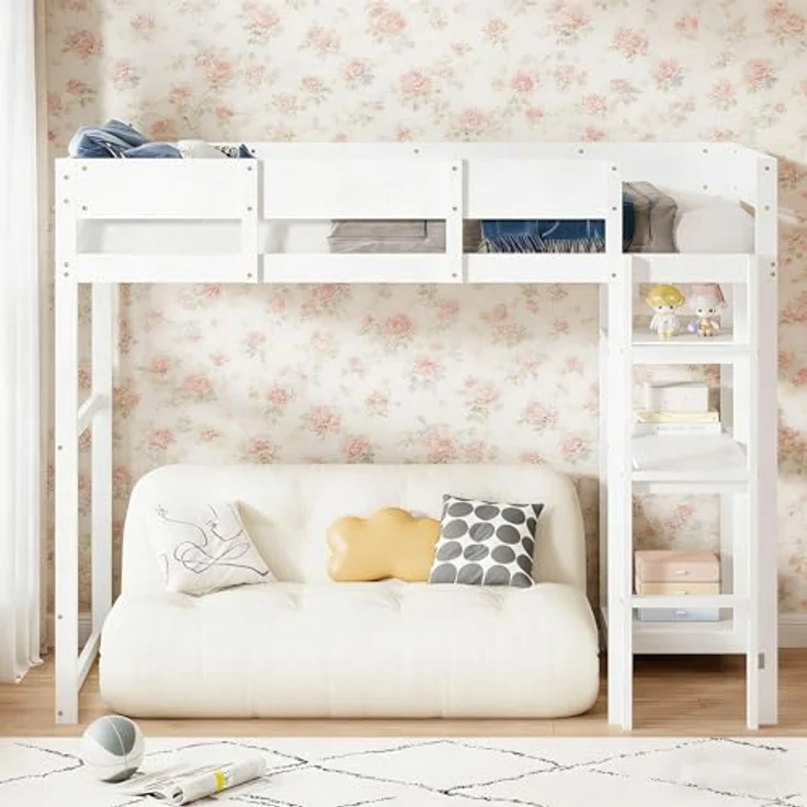 Ball & Cast Loft Bed (90x200 cm) mit Lagerregal, Holzerner Bettgestell mit Leiter und Geländer, Einfach und Zeitsparend Montierbar, Stabil & Rauschlos, Weiß – Bild 4