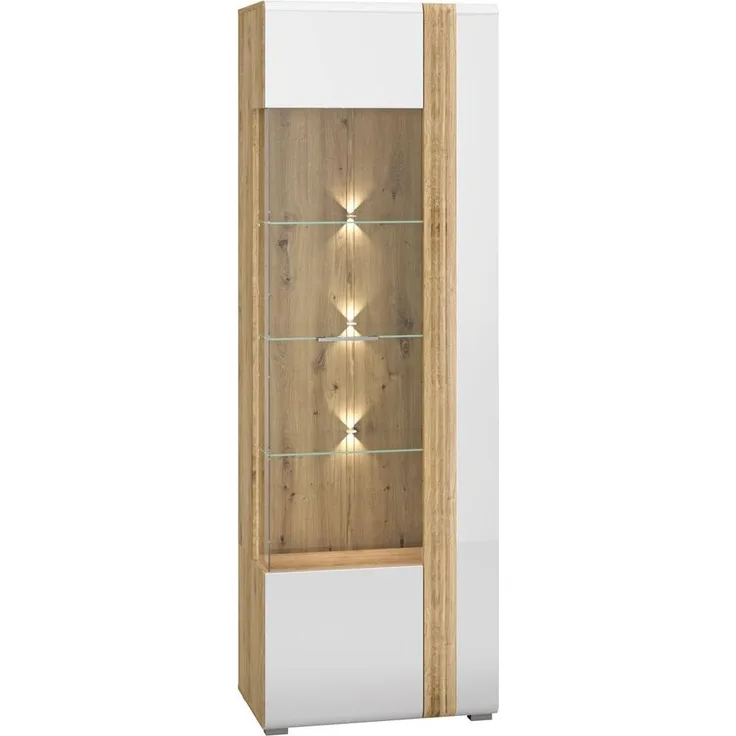Vitrinenschrank Eiche Castello Nb. mit Hochglanz weiß AKRON-131 MDF Front mit edler Fräsung, B/H/T: ca. 65/196/42 cm