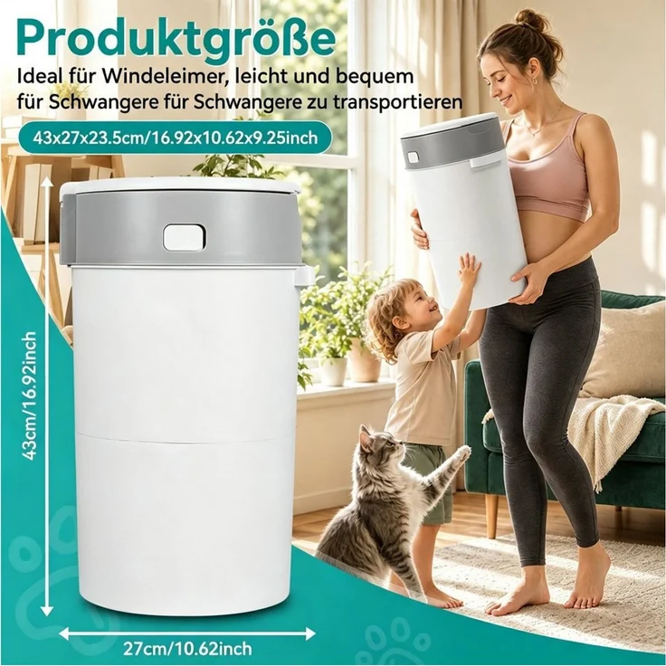 Rutaqian Windeleimer Windeleimer 13L mit Geruchsverschluss und Nachfüllfolie Baby, Windelmülleimer mit 360° Drehgriff einzeln versiegelnd Grau – Bild 2
