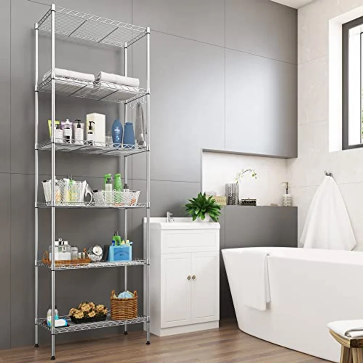 Himimi 6 Etagen Standregal Metallregal Küchenregal Badezimmerregal verchromtes Regal mit Seitenhaken und verstellbare Ablagen 54 x 29 x 160 cm, Silber – Bild 7