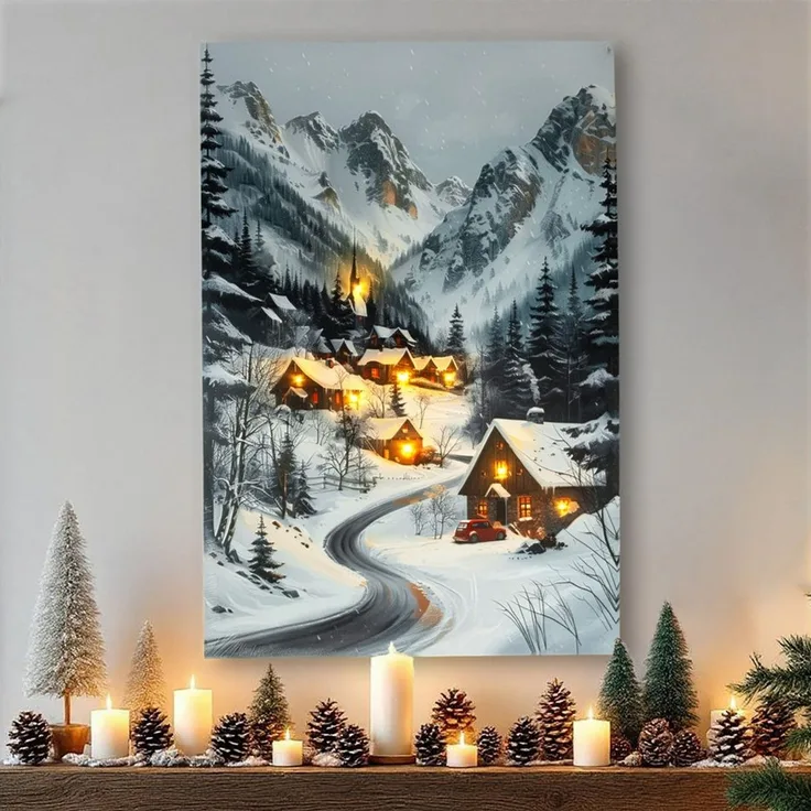 Spetebo Wandbild Weihnachts Wandbild mit LED Beleuchtung - 58x38 cm, Weihnachtsbild (Anzahl, 1 St), mit Öse zum Aufhängen