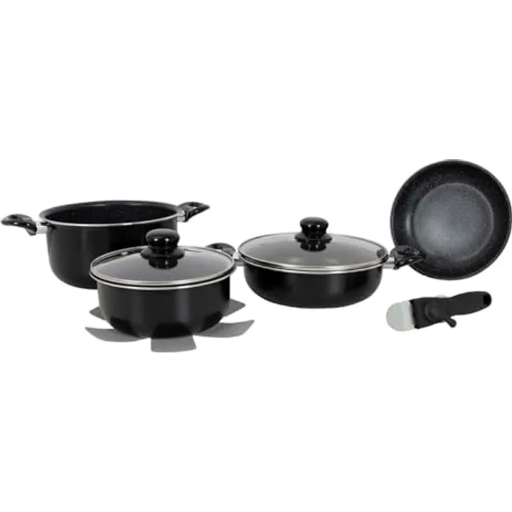 Gimex Black Line Kochtopfset 7 TLG. Aluminium Kochgeschirr Campinggeschirr mit Antihaft-Beschichtung, Induktion geeignet, Black Design