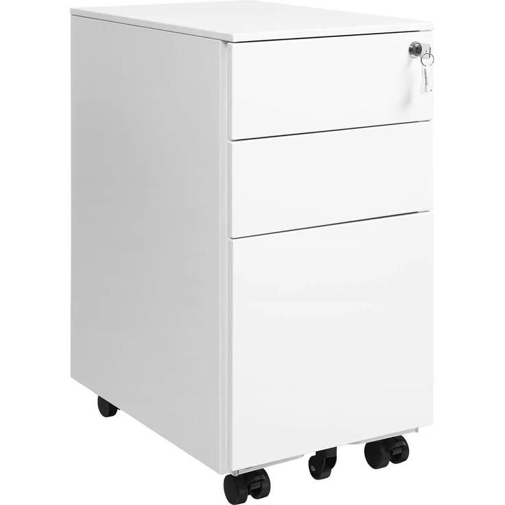 Songmics Rollcontainer, mit 3 Schubladen, vormontiert, abschließbarer Büroschrank mit Hängeregistratur, Stahl, weiß, 45 x 30 x 60 cm