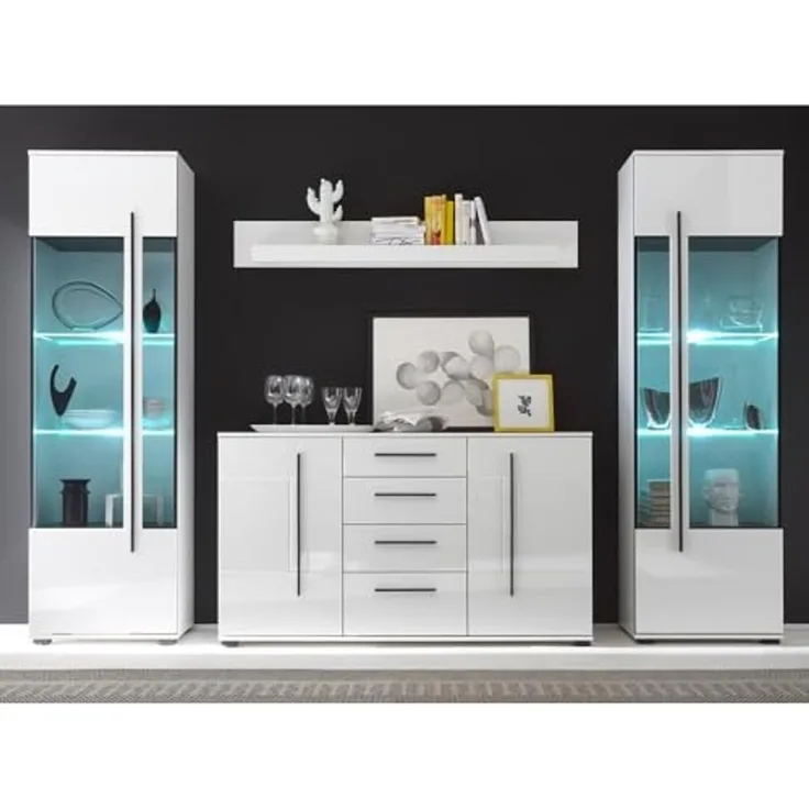 Lomadox Esszimmer-Set COLORADO-61, (Spar-Set, 4-St), weiß Hochglanz inkl. LED 300x200x42cm
