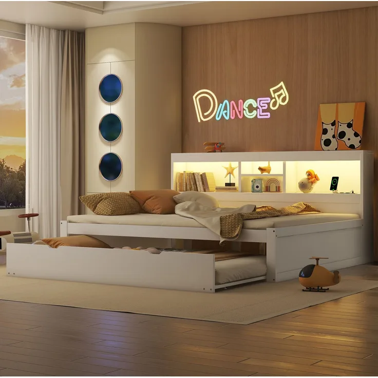 CHICFURN Bett aus Spanplatte und MDF Weiß 140x200 cm mit Ausziehbett, LED-Beleuchtung und USB-Anschlüssen