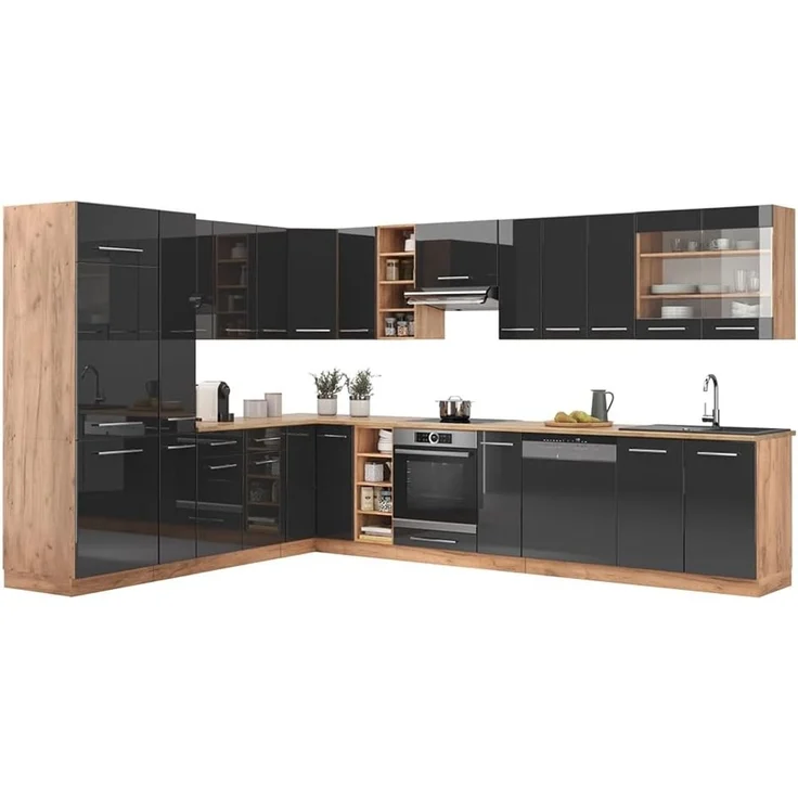 Eckküche Fame-Line Anthrazit Hochglanz/Goldkraft Eiche 347 x 257 cm ohne Arbeitsplatte Vicco – Bild 7
