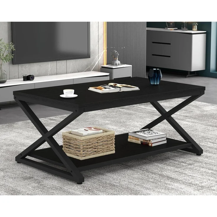 Couchtisch Klein Schwarz Holz Metall Stauraum Beistelltisch 100x60x45cm – Bild 6