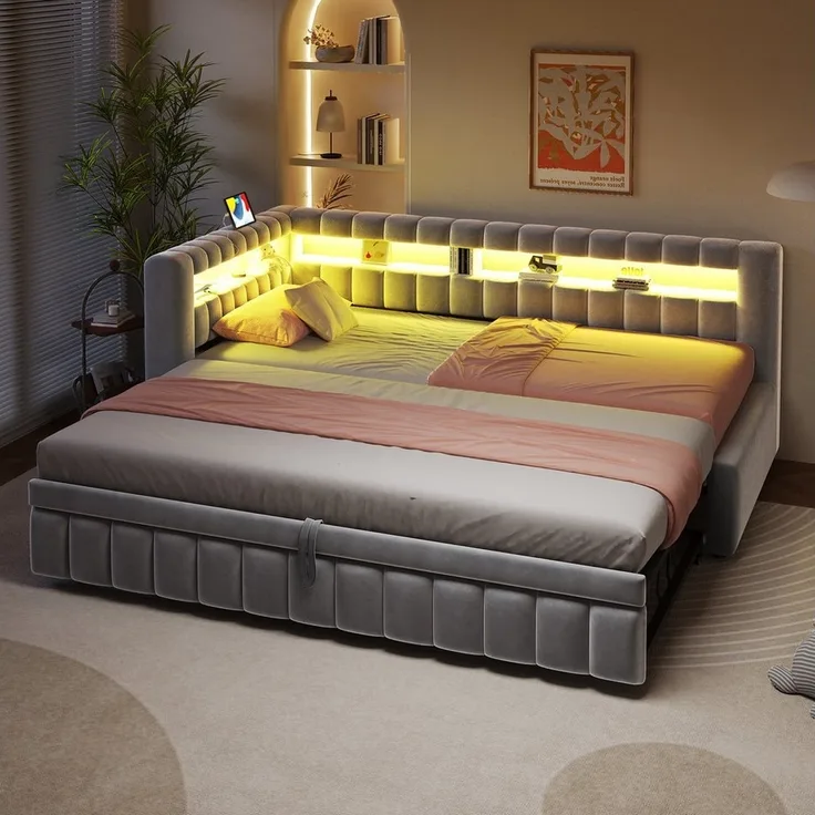 Merax Daybett mit LED-Beleuchtung und Ladeanschluss (Tagesbett Schlafsofa Sofabett Kinderbett, 1 tlg), Polsterbett 90x200cm mit Ausziehbett 90x190cm & Ablagefach, Samtbezug