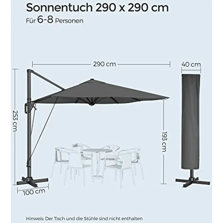Songmics Sonnenschirm mit Ständer, 360° drehbar, UPF 50+, Rauchgrau, 253 x 290 x 290 cm – Bild 7
