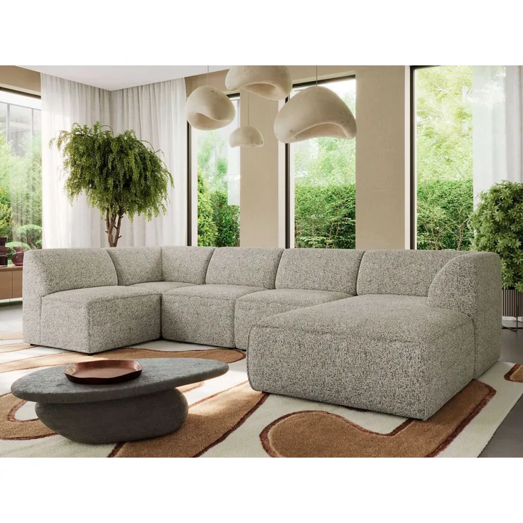 Modulares XXL-Ecksofa MODARO 5M, U-Form, Wohnlandschaft, 5-teilig, freistehend, Wohnzimmer Couch, HR-Schaumstoff - Beige Stukture - Rechts