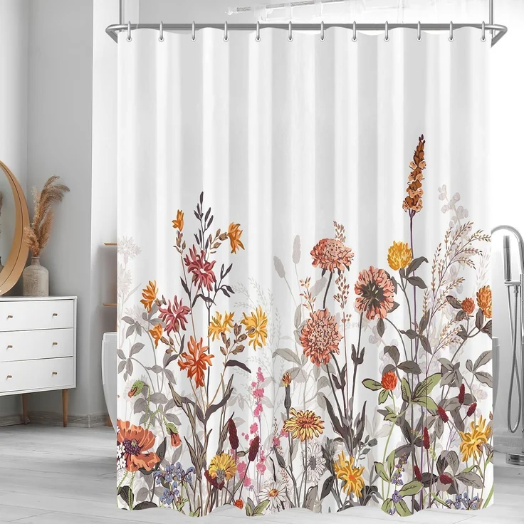 Duschvorhang Mischblumen 180x160cm Wasserabweisend 12 Ösen Badezimmer H160cm – Bild 1