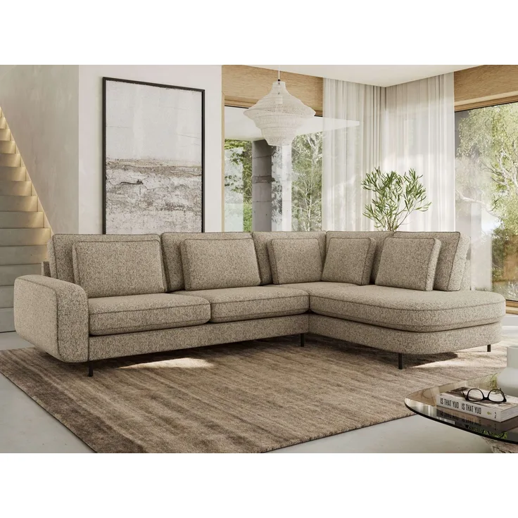 CALENO L-Form Ecksofa 317x225 cm, Massivholz-Rahmen & Wellenfedern, Sitzhöhe 51 cm, modernes Polstersofa rückenecht bezogen & freistehend - Dunkelbeige Strukture - Rechts Seite