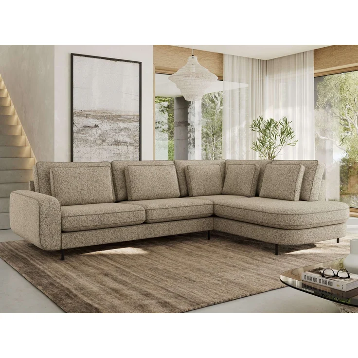 CALENO L-Form Ecksofa 317x225 cm, Massivholz-Rahmen & Wellenfedern, Sitzhöhe 51 cm, modernes Polstersofa rückenecht bezogen & freistehend - Dunkelbeige Strukture - Rechts Seite – Bild 1