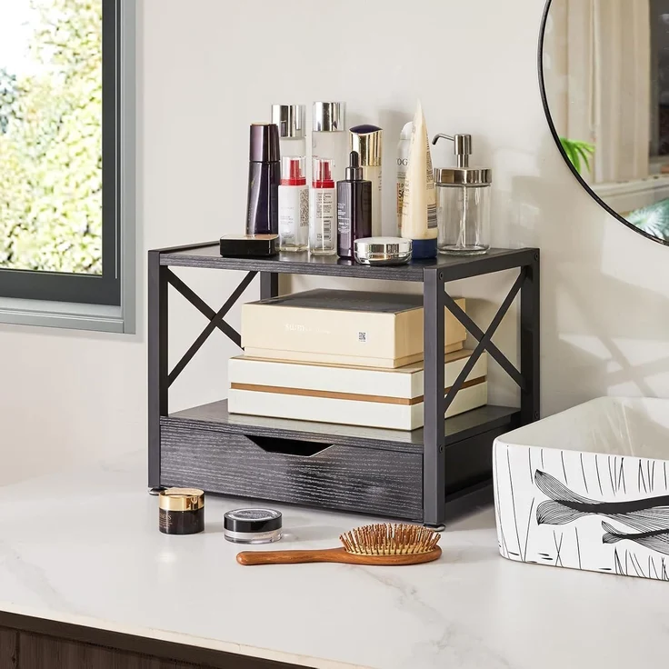 2 Tier Desktop Drucker Stand Organizer mit Schublade - Schwarz – Bild 5