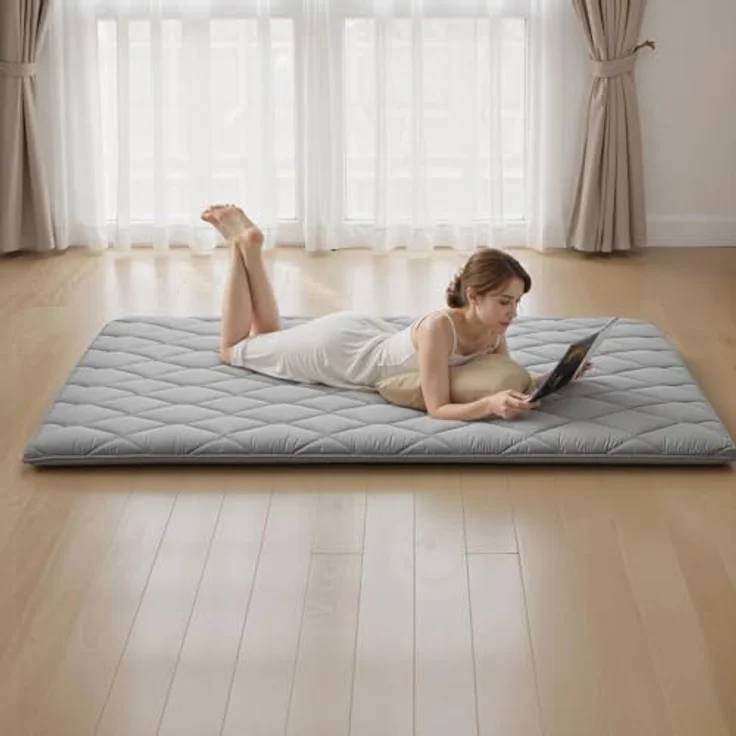 VEVOR japanische Futon-Matratze (2032 x 1524 x 63,5 mm), Faltbare Tatami (Queen Size), Bodenmatratze mit Aufbewahrungstasche & Befestigungsmaterial, 9-lagige Schlafmatte für Meditation Yoga, Grau – Bild 8