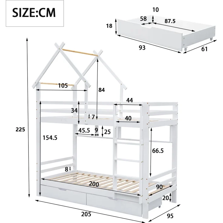 Merax Etagenbett mit Schubladen und Regalen, Hausbett mit dreistufige rechtwinklige Leiter, Kinderbett mit Fallschutz und Gitter, Rahmen aus Kieferholz, Weiß (90x200cm) – Bild 6
