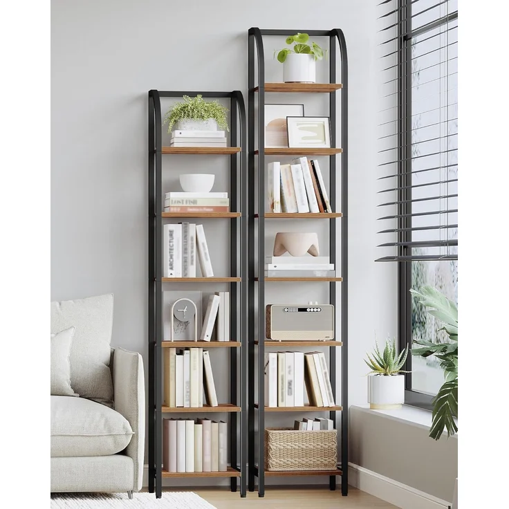 Regal, Bücherregal, 7 Ebenen Standregal, DVD-Regal, Schmale Regale, Industriestil Büroregal, Metallrahmen für Wohnzimmer, Schlafzimmer, Küche, Vintagebraun-Schwarz – Bild 7