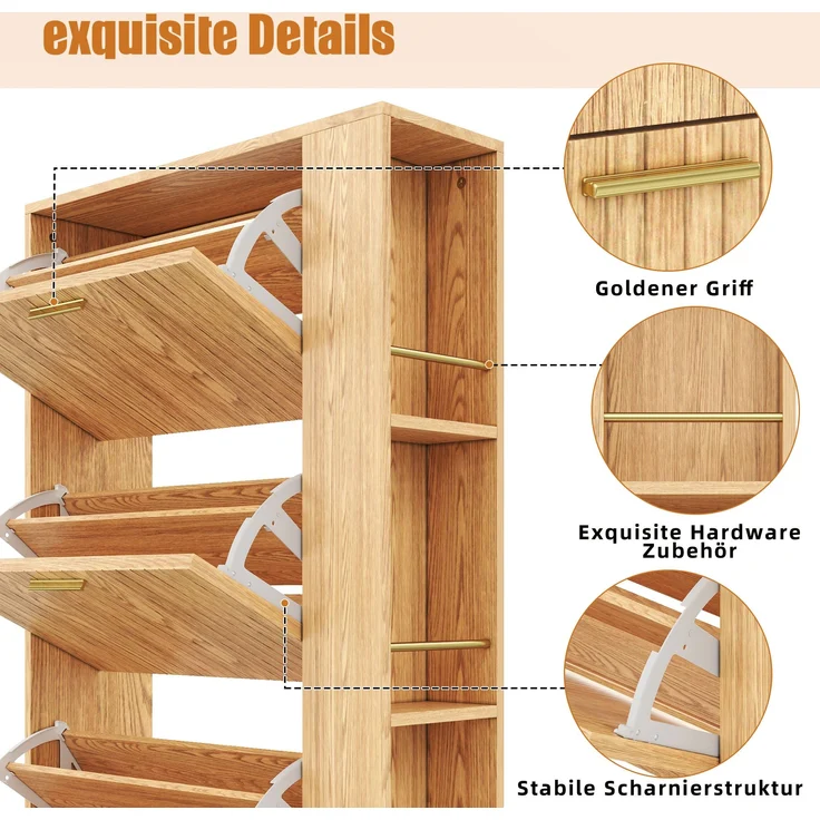 Schuhschrank, MDF in Holzoptik mit 3 Türen & offenen Fächern, 70x23,5x115 cm, Natur – Bild 6