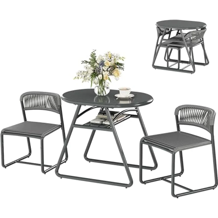 GarveeHome Bistrotisch mit 2 Stühlen, Modernes 3-teiliges Bistro-Set für Garten, Balkonmöbel Set mit 80cm Tisch&2 Stühle aus wetterfestem, Terrassenmöbel Möbel Set für Kleinen Balkon（Grau） – Bild 1