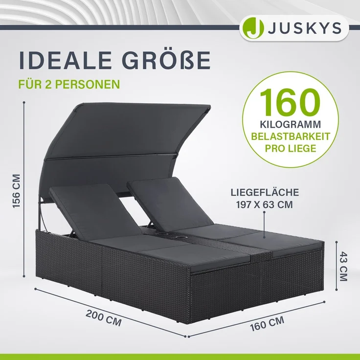 Juskys Polyrattan Doppelliege Syros - Garten Sonnenliege für 2 Personen - Outdoor Liege mit Dach & Auflagen - Kopfteil verstellbar - Schwarz – Bild 3