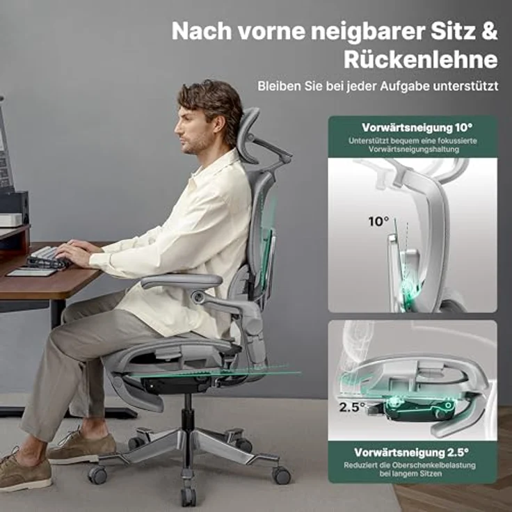 HINOMI H2 Pro Bürostuhl ergonomisch, verstellbare Lordosenstütze, Kopfstütze & 6D-Armlehnen, 150kg belastbar, atmungsaktives Mesh, Drehstuhl für Home & Office (Grün) – Bild 5