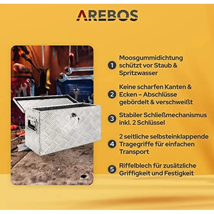 Arebos Transportbehälter Aluminium Werkzeugbox mit Schloss, Deichselbox, 40 Liter, (stk) – Bild 4