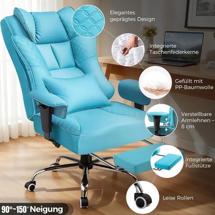 GTPLAYER Bürostuhl, Ergonomischer Gaming Stuhl mit Fußstütze Chefsessel bis 200kg, PU-Leder Schreibtischstuhl mit Taschenfeder-Kissen und Lendenwirbelstütze, Höhenverstellbar Home Office Stuhl – Bild 7