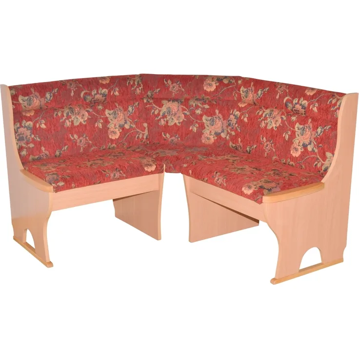 Truheneckbank "Anja 1B" 125x125 cm, Holzdekor Buche, Stoff rot mit Blumendessin