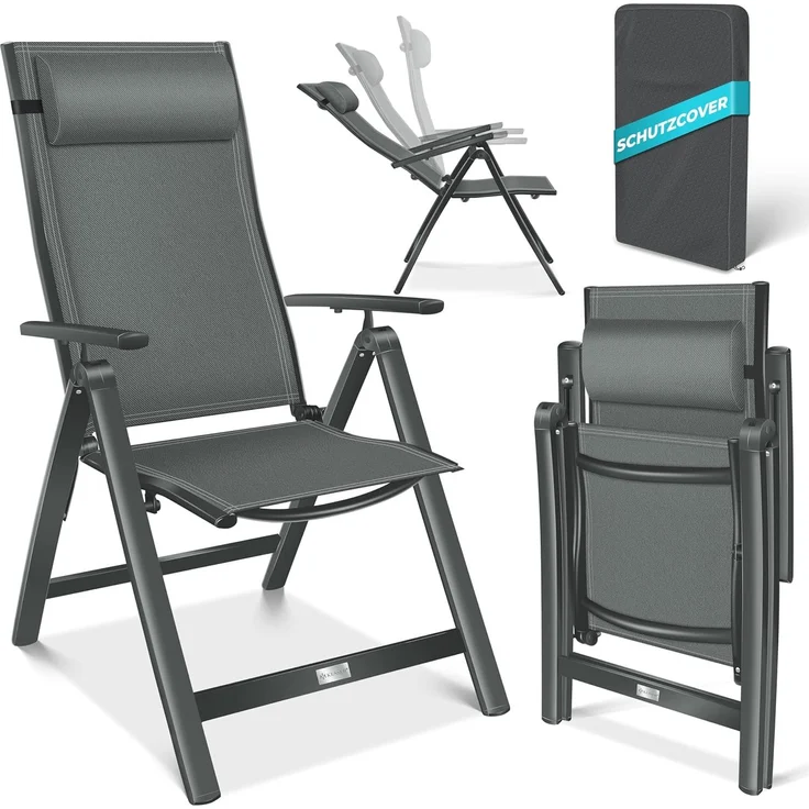 KESSER® Gartenstuhl Hochlehner mit Armlehnen | Aluminium Klappstuhl inkl. Kopfkissen Campingstuhl 7-Fach Verstellbar Rückenlehne | Atmungsaktiv & Wetterfest | Klappbar & Anti-Rutsch Anthrazit, 1 Stück – Bild 1