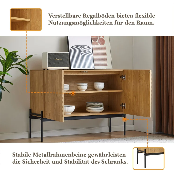 Sideboard Modern Mit Verstellbarem Regalbrett Metallrahmen Natur Farbe 100cm Breit Mit Kippsicherung Aufbewahrungsschrank Kommode Für Wohnzimmer Schlafzimmer Flexible Stauraumlösung, 75cmx40cmx100cm, Natur – Bild 6