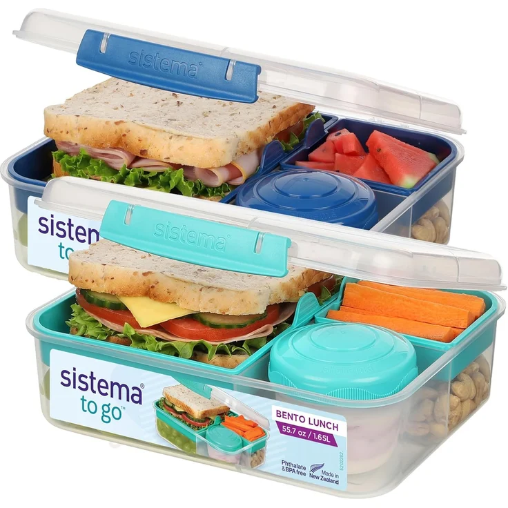 Sistema TO GO Bento-Box Cubes | 1,25 L | Brotdose für Pause mit Fächern und Snackbox | BPA-frei | 2 Stück | Minty Teal & Ocean Blue
