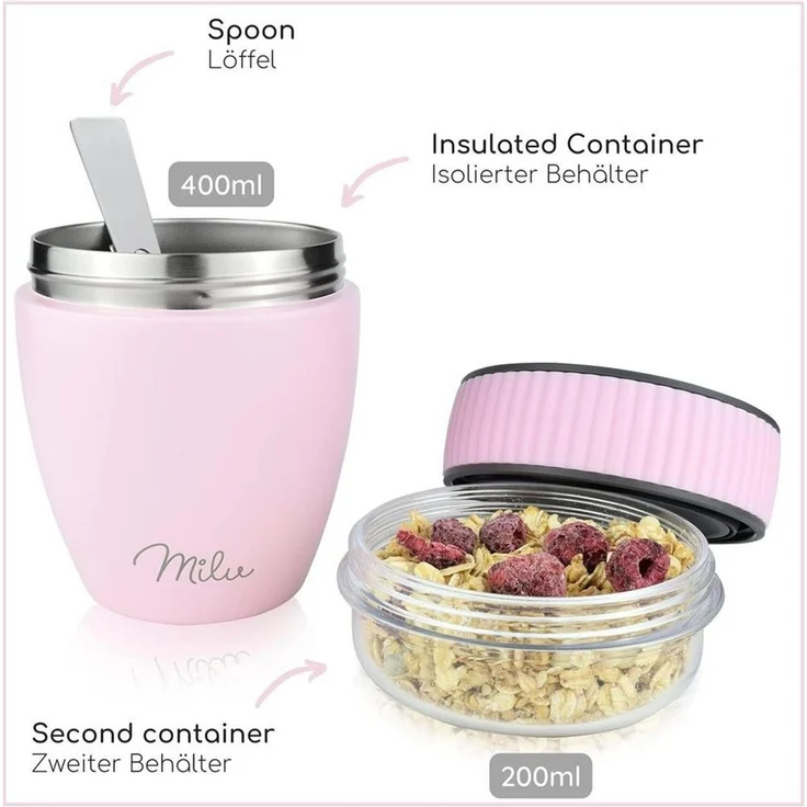 Milu Müslibox Müslibecher to go, isolierter Edelstahl Joghurtbecher für Müsli, rosa – Bild 3
