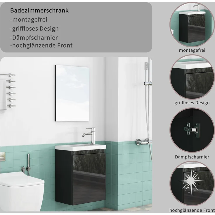 Badezimmerschrank mit Keramikwaschbecken und Spiegel, wandmontiert, 39,8x24,8x48 cm, Schwarz – Bild 6