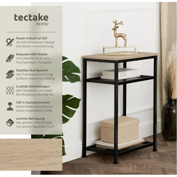 tectake 800916 Beistelltisch aus Holz und Metall, Industrie-Design, Couchtisch mit 3 Ebenen, Davon 2 Gitterablagen, schwarzes Metallgestell (Hellbraun | Nr. 404205)