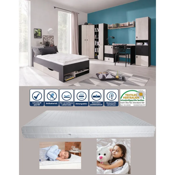 Jugendzimmer Spuki in Schwarz, Eiche & Beige in 4 Varianten oder als Einzelmöbel - 8 teilig , Eckkleiderschrank + Regalschrank groß + Schreibtisch + Wandregal 1 + Standregal + Jugendbett 90x200 cm mit belüfteter Matratzenauflage + Matratze