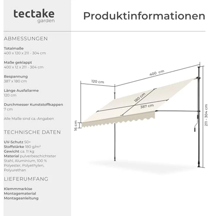 tectake® Klemmmarkise mit Handkurbel, Balkon Markise ohne Bohren, Markise höhenverstellbar, UV-beständig, wasserabweisend, Terrassenüberdachung, Sonnenschutz Terrasse & Balkon, Breite 400 cm - beige – Bild 7