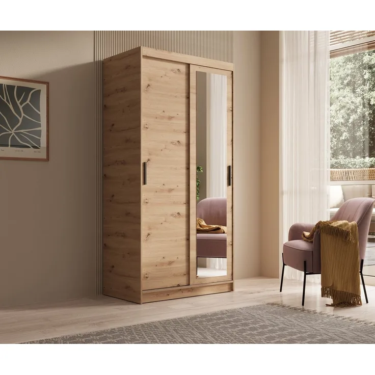 MOEBLO Schiebetürenschrank Leima (mit Spiegel – Moderner Kleiderschrank mit viel Stauraum, Schiebetüren & Einlegeböden, Schwebetürenschrank Schrank Garderobe Schiebtüren Schlafzimmer, Wohnzimmerschrank mit Spiegel) (BxHxT): 100/120/160/180 x 200 x 62 cm