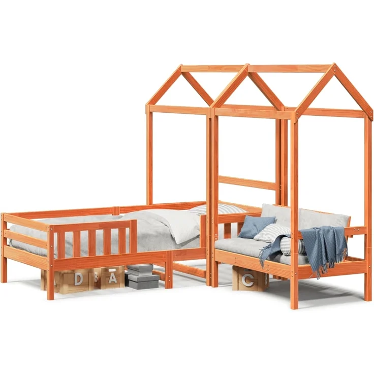vidaXL Massivholzbett und Bank mit Dach Orange 80x200 cm Kiefernholz 3282179 – Bild 1