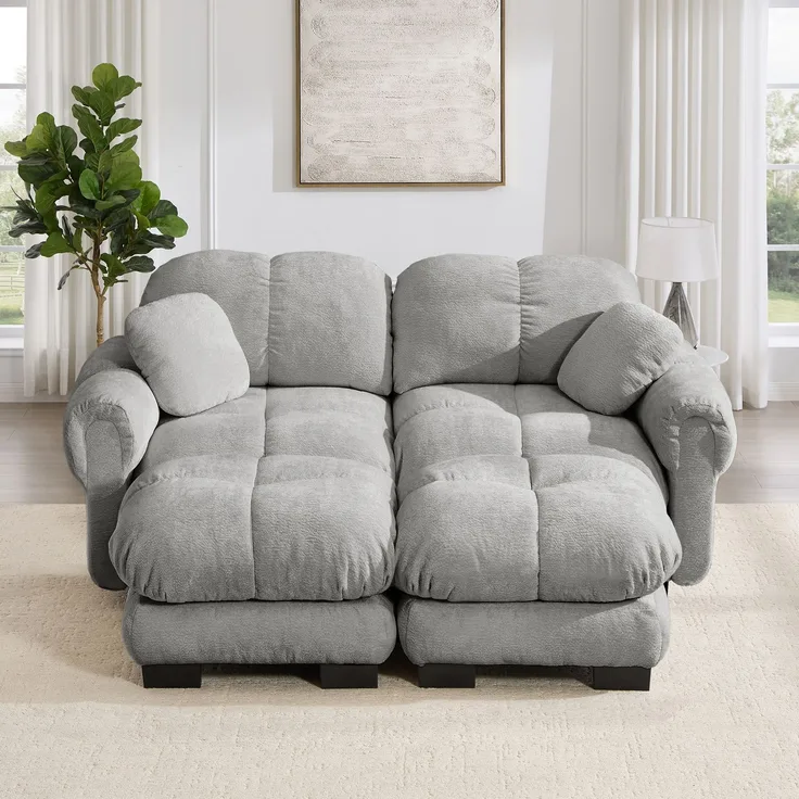 U-förmiges 2-Sitzer-Sofa mit beweglichen Hockerelementen, gesteppter Chenillebezug und dicke Polster, Wohnlandschaft für Wohnzimmer, Hellgrau