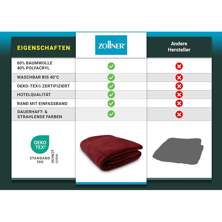 ZOLLNER Kuscheldecke mit Einfassband, 220x240 cm, weinrot (rot) – Bild 5