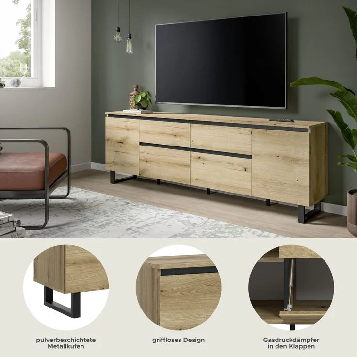 Lowboard B/H/T: 188x65x36 cm in Evoke Oak Nachbildung und schwarz – Bild 6