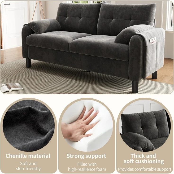Merax 2-Sitzer Sofa aus Chenille-Stoff, Modulares-Sofa, Couch Doppelsofa im skandinavischen Design für Wohnzimmer/Schlafzimmer 1 Teile, Polstersofa mit Armlehne, dicken Kissen & Seitentaschen, 158x80x88.5cm – Bild 3
