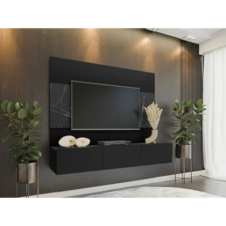 Mirjan24 Wohnwand, Schwarz, Holzwerkstoff in Marmor Optik, 180x150x38 cm, mit push-to-open System und Gasdruckfeder – Bild 2