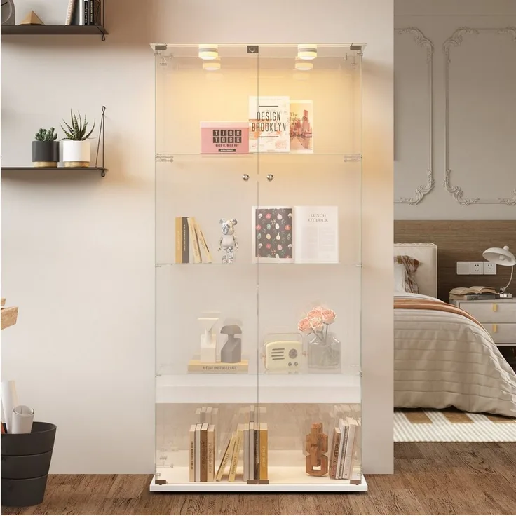 FUROKOY Glasvitrine Standvitrinen, Vitrine aus gehärtetem Glas (Vitrinenschrank mit 2 Glastür und Beleuchtung für Sammler, Bücher) 4 Lagen Sammlervitrine, Weiß