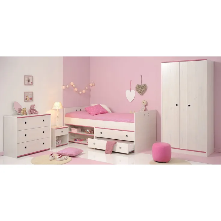Jugendzimmer-Set >Smoozy 21< (4-teilig), Bett, Nachtschrank, Kleiderschrank, Kommode, Kiefer weiss