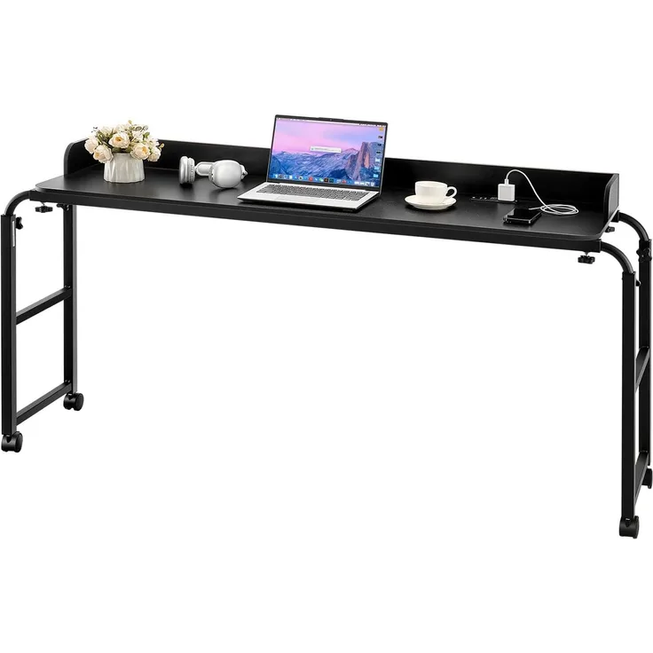 VEVOR Überbetttisch mobiler Betttisch mit 4 Rollen (2 mit Bremsen) und Steckdose, höhenverstellbarer Laptop-Rolltisch, Tragbarer Spanplatten-Überbetttisch für Zuhause Büro, Arbeitszimmer, Schwarz