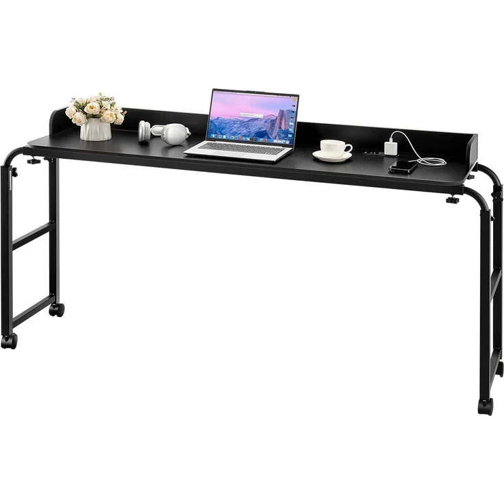 VEVOR Überbetttisch mobiler Betttisch mit 4 Rollen (2 mit Bremsen) und Steckdose, höhenverstellbarer Laptop-Rolltisch, Tragbarer Spanplatten-Überbetttisch für Zuhause Büro, Arbeitszimmer, Schwarz