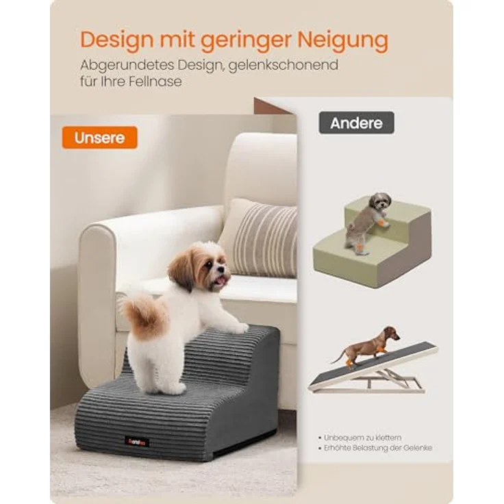 Feandrea Hundetreppe, 2 Stufen, Cord mit Querstreifen, Haustiertreppe, für Bett, Sofa, wasserdicht, rutschfest, geringe Neigung, Abnehmbarer waschbarer Bezug, Griff, schiefergrau PPS002GN01 – Bild 4