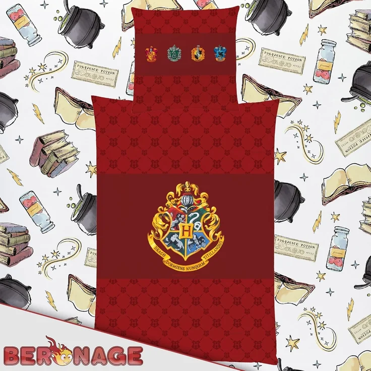 BERONAGE Wendebettwäsche Harry Potter Bettwäsche Zauberschule Rot Linon / Renforcé, Baumwolle, 2 teilig – Bild 3
