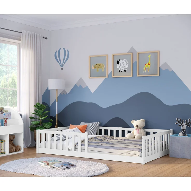Bellabino 'Vere' Bodenbett 120x200 cm mit Matratze, weiß, Massivholz Kiefer, Montessori Kinderbett mit Rausfallschutz und Lattenrost – Bild 11